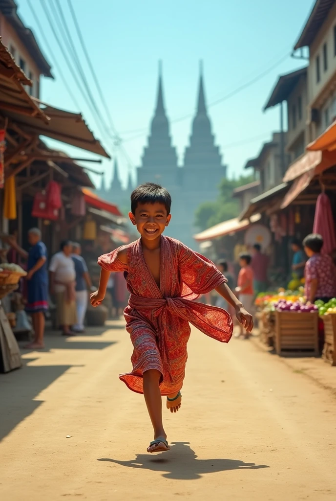 Burmese young boy running from chasing In the 90s with Burmese traditional clothes.
