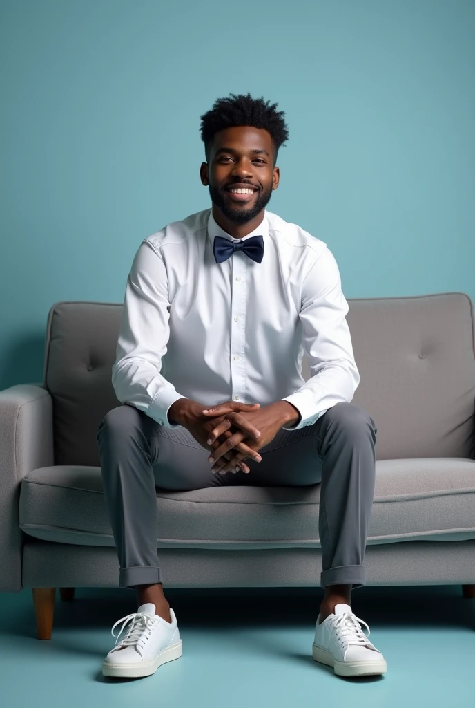 best qualityer:1.4), (ultra high resolution:1.2), (photorrealistic:1.4), (8k, CRU photo:1.2), a thin young man of 20 years old, skin black, with a smooth, beardless face, corte de cabelo buzzcurt. He is wearing a white button-down shirt. He is wearing a navy blue bow tie. He is wearing gray dress pants and white sneakers.. He is sitting on the gray sofa. It's in a photography studio with a baby blue background.. is smiling.