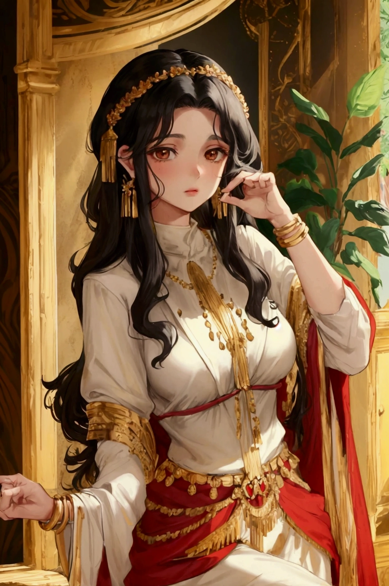 Olive skin, Curly black hair, Goldohrringe, full breasts, reddened cheeks, Antiquity, Kleidungsstil Antiquity, High Nobility, anime style