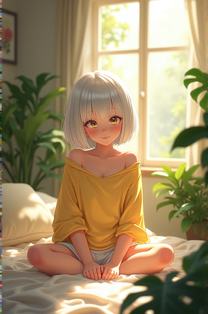 (photorealism:1.2), Cute girl, sitting on bed, wearing yellow loose off-shoulder top, white pajama shorts, short white bob hair, indoors, soft lighting, plants in background, window with sunlight, cozy room, relaxed pose, realistic, intricate details, warm colors