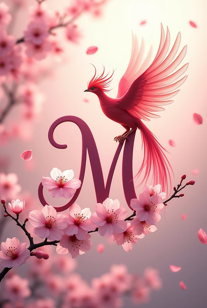 Elegant fuchsia cursive uppercase letter M with cherry blossoms and phoenix with open wings above it