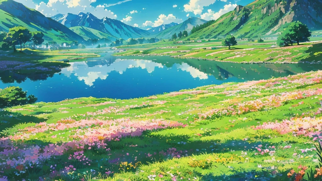 landscape anime scenery of mountain valley with lake and a mountain