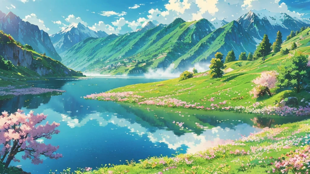 landscape anime scenery of mountain valley with lake and a mountain