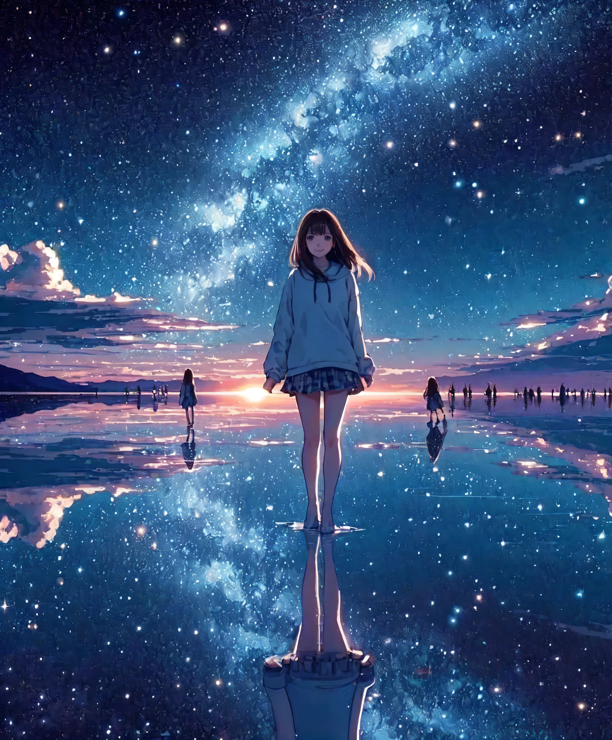 1lady solo, (from behind) (back of head), (calm outfit), (mature female:0.8), /(black hair/), (masterpiece best quality:1.2) delicate illustration ultra-detailed BREAK (Uyuni Salt Flats) outdoors, (starry sky) midnight, lake, (water surface reflecting countless stars), soft lighting, detailed background