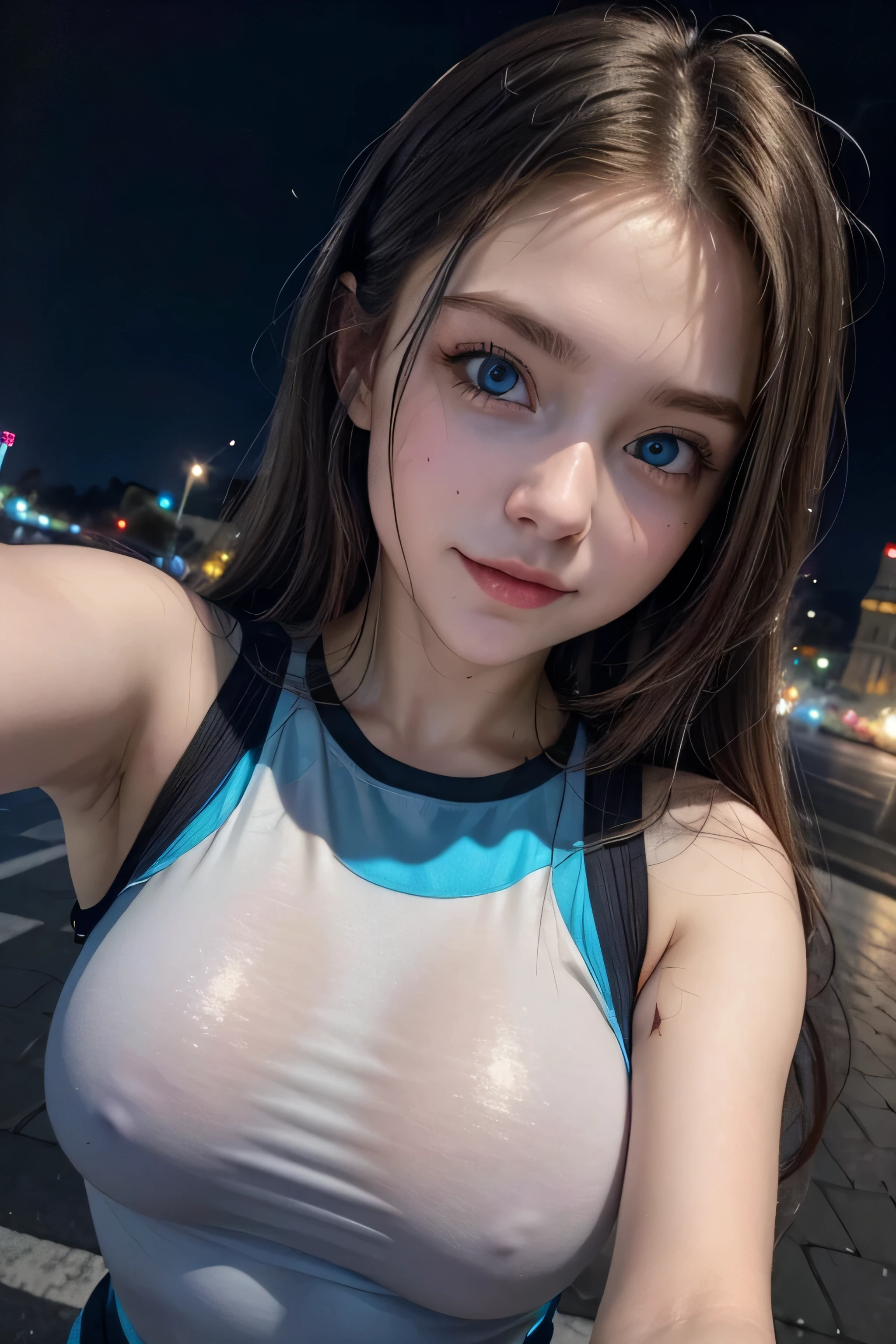 young attractive sexy russian girl, 18 years old, cute , blue eyes 1 woman  wearing leggings((upper body selfie, happy )), masterpiece, best quality, ultra-detailed, solo, outdoors, (night),