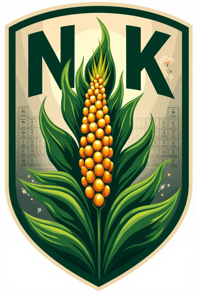 Create a football shield for a team called NPK, with a soybean plant as a symbol and the table of elements in the background