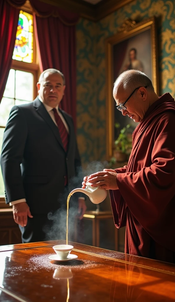 The wealthy man, frustrated, raises his hand slightly as if to stop the monk. His expression is one of shock and frustration as he stares at the overflowing cup. The monk, still calm, pauses mid-pour and looks at the man with a gentle, understanding expression. The spilled tea forms a small puddle on the table, reflecting the light from the room.
