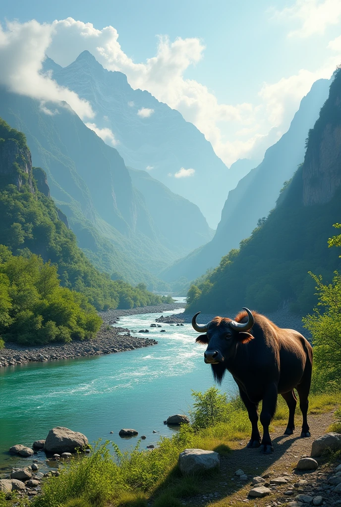 Asia Buffalo, mountain, river