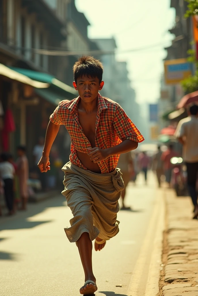 Burmese young man running from chasing In the 90s with Burmese traditional clothes. Not happy at all.