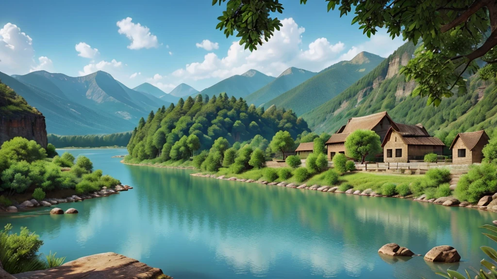 Mysterious natural beauty. River. Mountain. Lake, ancient village, vegetation. Real photo. High definition. 8k