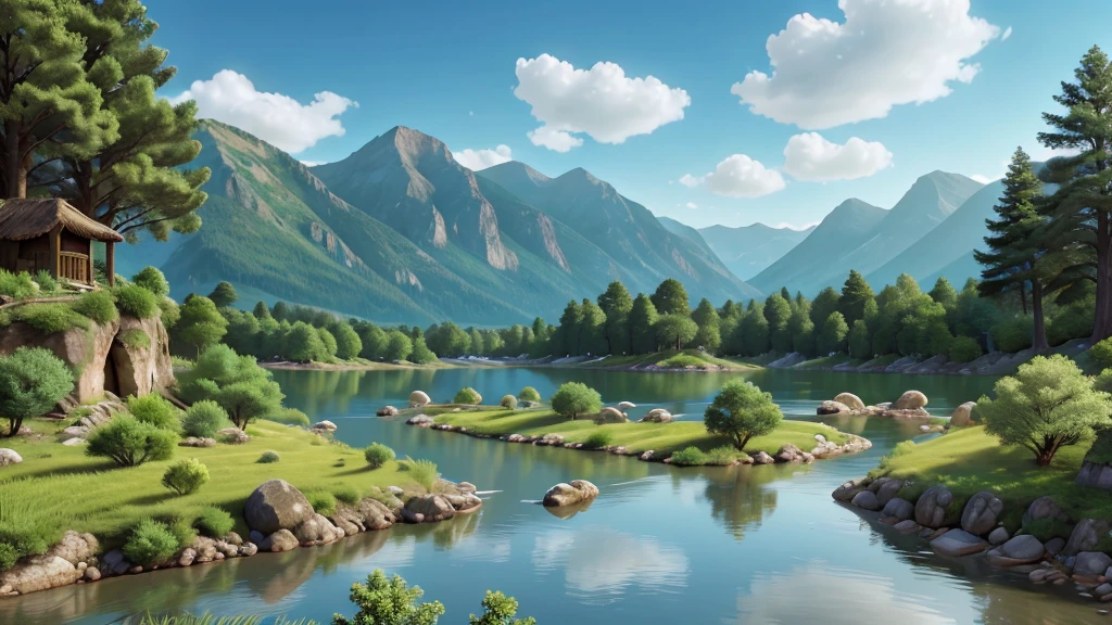 Mysterious natural beauty. River. Mountain. Lake, ancient village, vegetation. Real photo. High definition. 8k