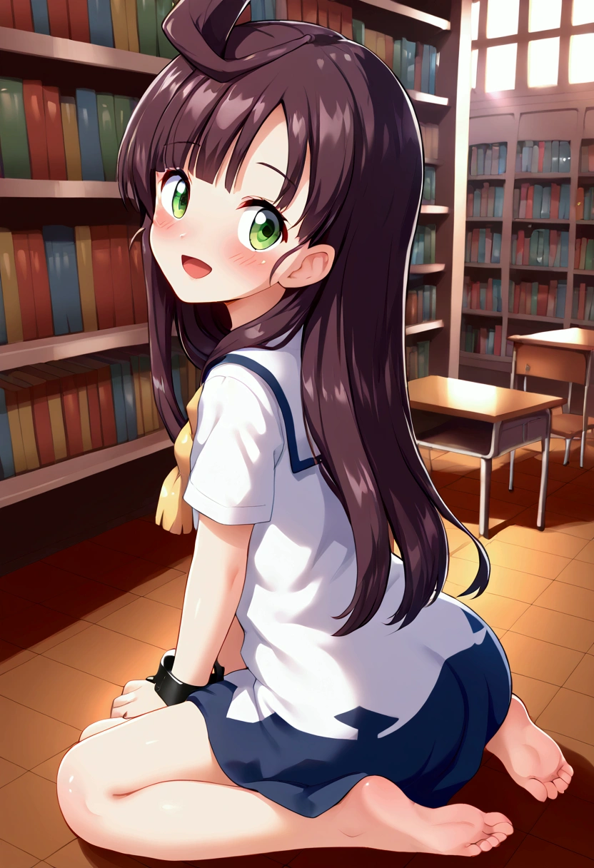 full body, barefoot, masterpiece, a beautiful schoolgirl, long hair, (fantasy library background), erotic photoshoot, a desk, from behind, schoolgirl uniform, shackles on legs, happy face, looking to the viewer, big open eyes, blush