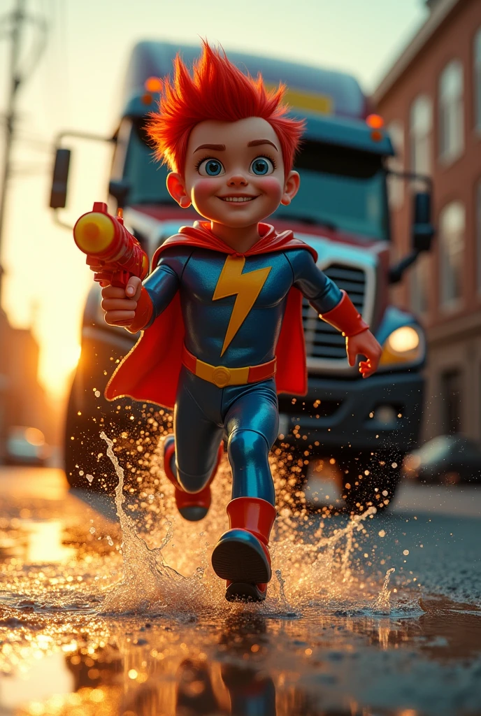 Flash in front of a truck with a squirt gun in one hand and a tire in the other
