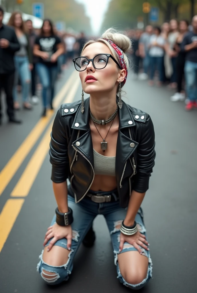 russian milf woman, grey hair (huge top bun) and bandana as headband (big maxi glasses), with very light blue eyes, extremely pale. Wearing cropped black moto jacket with lots of zippers and pins, raggy cropped t-shirt with guns and roses logo, dark skinny blue jeans with holes and white tennis sneakers  . Lots of metallic bracelets and collars. Tacky wide leather belt with oversized buckle. Long earrings. Kneeling like in a payer, looking up, eyes and mouth wide open in amazement. Hands on her knees. Listening in amazement to somebody speaking to her, toned six pack abdominals, thin legs and thin arms. A lot of people behind