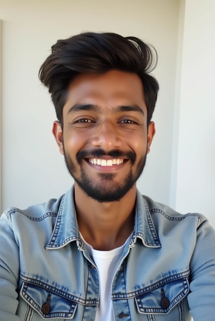 A handsome 20 years old indian boy , taking selfie, in room white wall background  , simple pose , rough dry face skin , full body view , modern dress  , little beard and moustache 