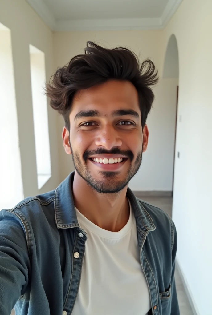 A handsome 20 years old indian boy , taking selfie, in room white wall background , simple pose , rough dry face skin , full body view , modern dress , little beard and moustache