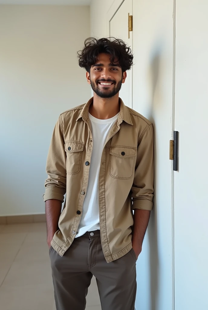 A handsome 20 years old indian boy , taking selfie, in room white wall background  , simple pose , rough dry face skin , full body view , modern dress  , little beard and moustache 