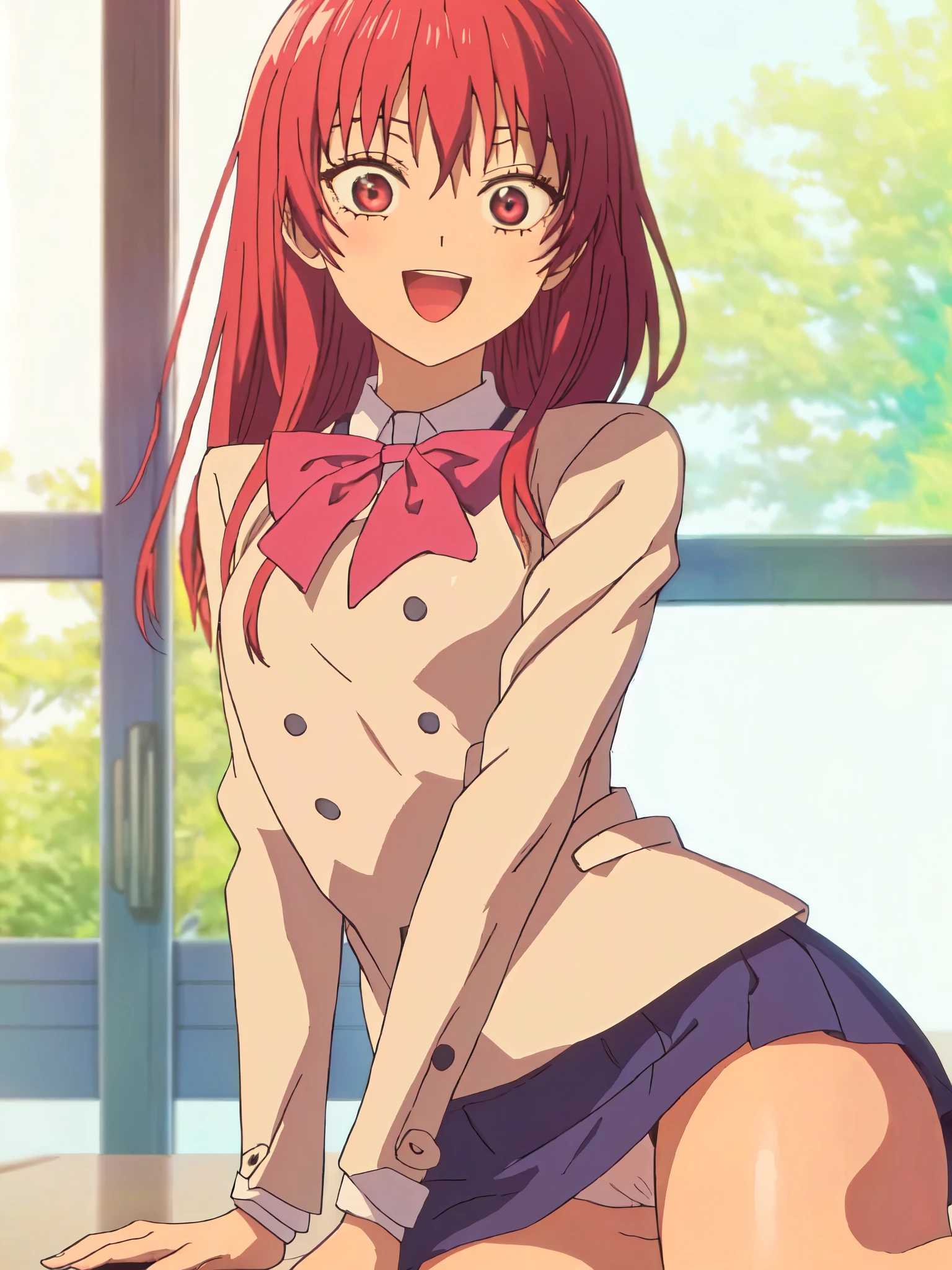 ((((masterpiece、Highest quality、High resolution)、anime:1.2)))、Pink hair、Beautiful with a small chest、(Dynamic pose)、looking at the camera、(Beautiful detailed face、Beautiful big eyes)、((One beautiful person))、Good sensitivity、((Sexy pose))、((A big smile))、Red cheeks、Spread your legs、Wear a blazer uniform、Wear a short navy blue skirt、sitting at desk in white school classroom、Arms folded behind back、Angle from below、White short socks、White silk panties are visible、Her pussy muscles are showing