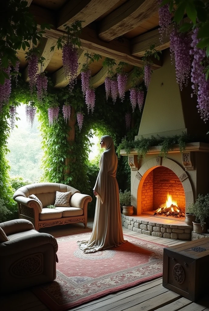 Photo of the interior of a deserted elven cottage's living room. Perspective shot. Wisteria from floor to ceiling. With old round stone fireplace lit at the back. An elf is hidden in the decor. Ambiance Style hobbit