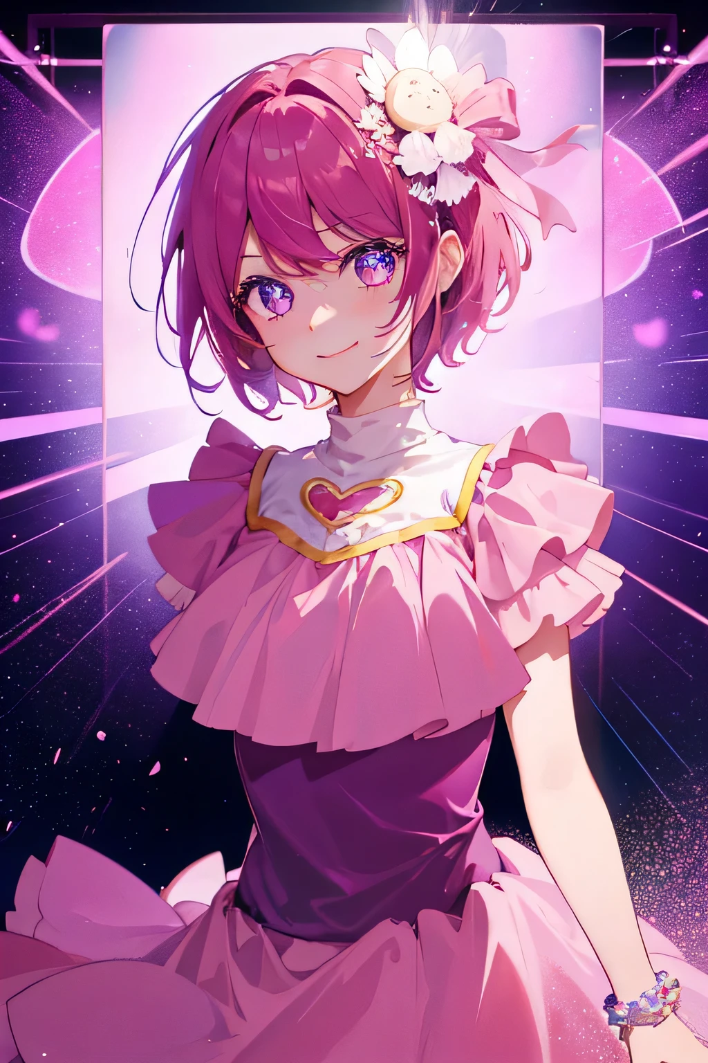 pink，short hair，Magical girl，Flower headpiece on one side，Facing the screen，The right hand invites us，Looking at us with a smile。