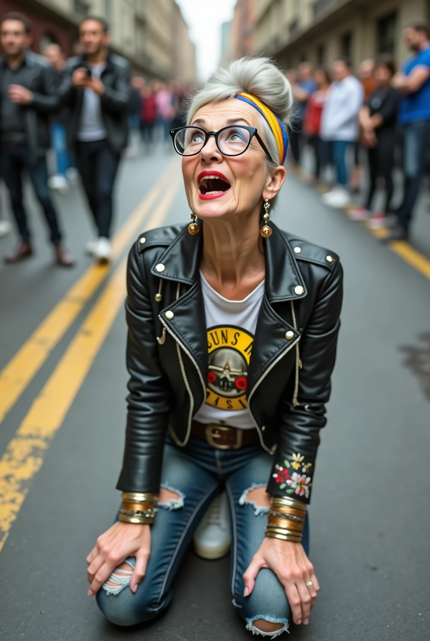 russian old milf woman, grey hair (huge top bun) and bandana as headband (big maxi glasses), with very light blue eyes, extremely pale. Wearing cropped black moto jacket with lots of zippers and pins, raggy cropped t-shirt with guns and roses logo, dark skinny blue jeans with holes and white tennis sneakers . Lots of metallic bracelets and collars. Tacky wide leather belt with oversized buckle. Long earrings. Kneeling like in a payer, looking up, eyes and mouth wide open in amazement. Hands on her knees. Listening in amazement to somebody speaking to her, toned six pack abdominals, thin legs and thin arms. A lot of people behind