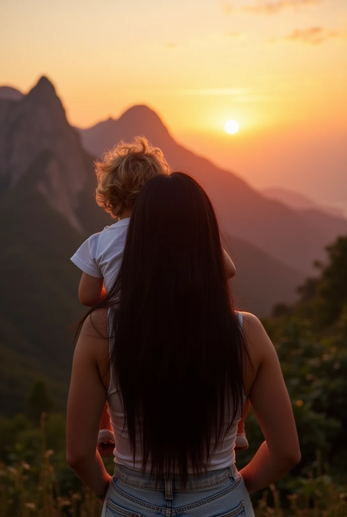 A Brazilian woman with long black hair and bangs, with a 3 year old blond son, looking at the sunset on a beautiful high mountain.