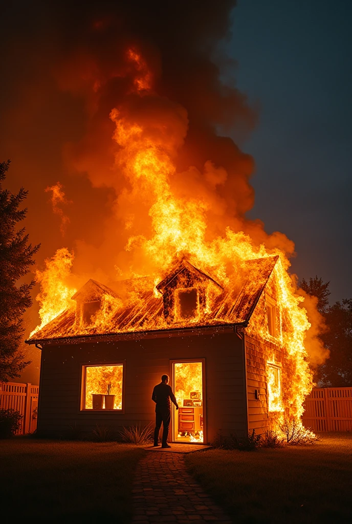 vintage style photo of (Despairing man by scorched residence:1.2), Rule of thirds composition, Ruined dwelling, Ashen remnants, (Ashen disaster:1.3), Charred trees, Soaring flames, Eerie silence, (Devastated forest:1.2), Dim firelight glow, Haunting aftermath. Retro, nostalgic, old-fashioned, timeless