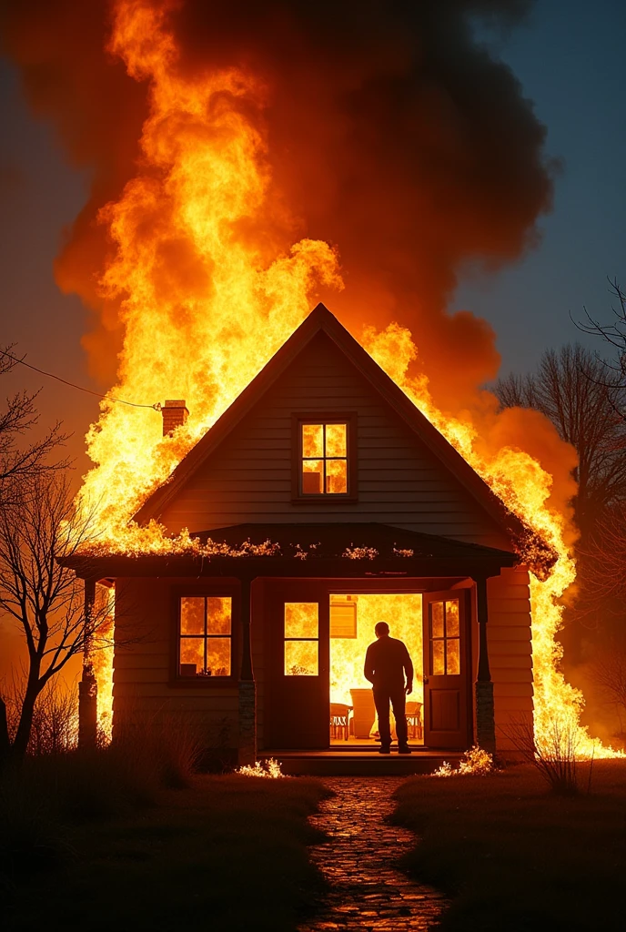 A detailed view of a house engulfed in flames, with bright, intense fire consuming the structure. The scene is dramatic, with glowing embers flying in the air, and thick smoke billowing into the sky. In the foreground, the man is visible through a window, still arranging his possessions, completely oblivious to the impending danger.