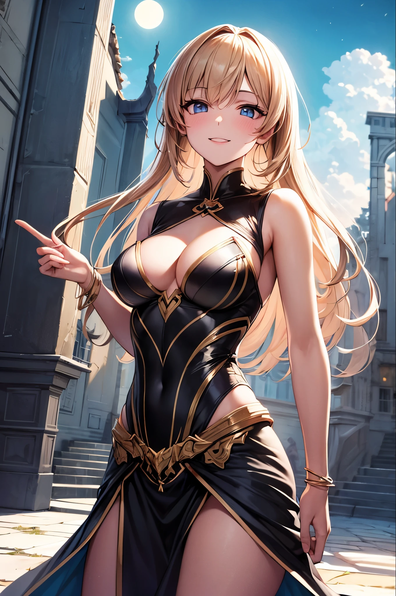 best quality, 8k, super fine illustration, extremely detailed CG, masterpiece,
beautiful anime style girl,
Smile, blush, medium breasts, Five anatomically correct fingers, dress, (Valkyrie dress), outdoors, (moonlit night:1.1), (ruins), averting gaze, weapon, holding, sword, (with legendary sword),
cowboy shot,
telephoto lens,
slow shutter speed
,,
(best shadow),
,,
(natural light),
,,
(natural reflection),