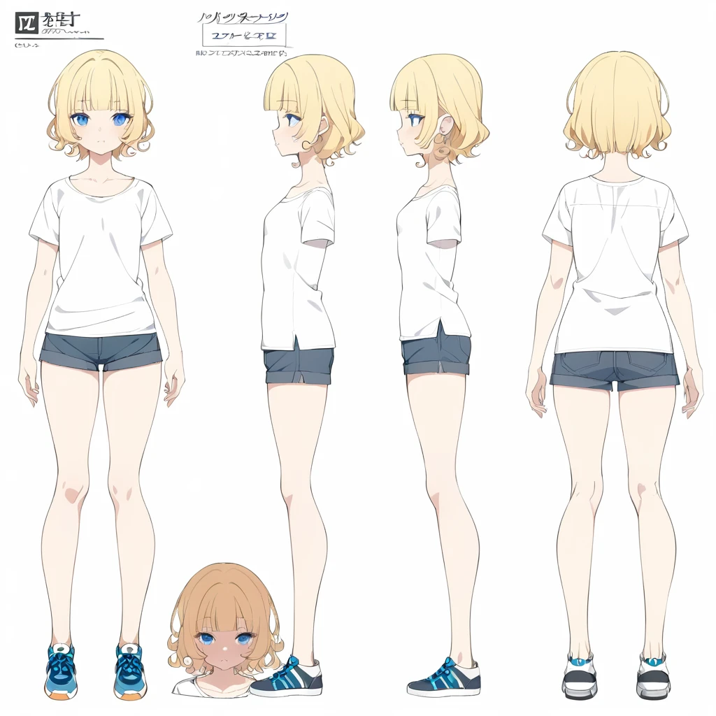 (Blue eyes long eyelashes),(Blonde hair neck length curly wavy hair fringe bangs),t-shirt,wide hips,shorts,sneakers,fullbdody, masterpiece, standing, effeminate, ,boy,solo,flat chested, absurdres,multiple views of the same character,model sheet,chatacter sheet, white background,short hair,plain shirt,