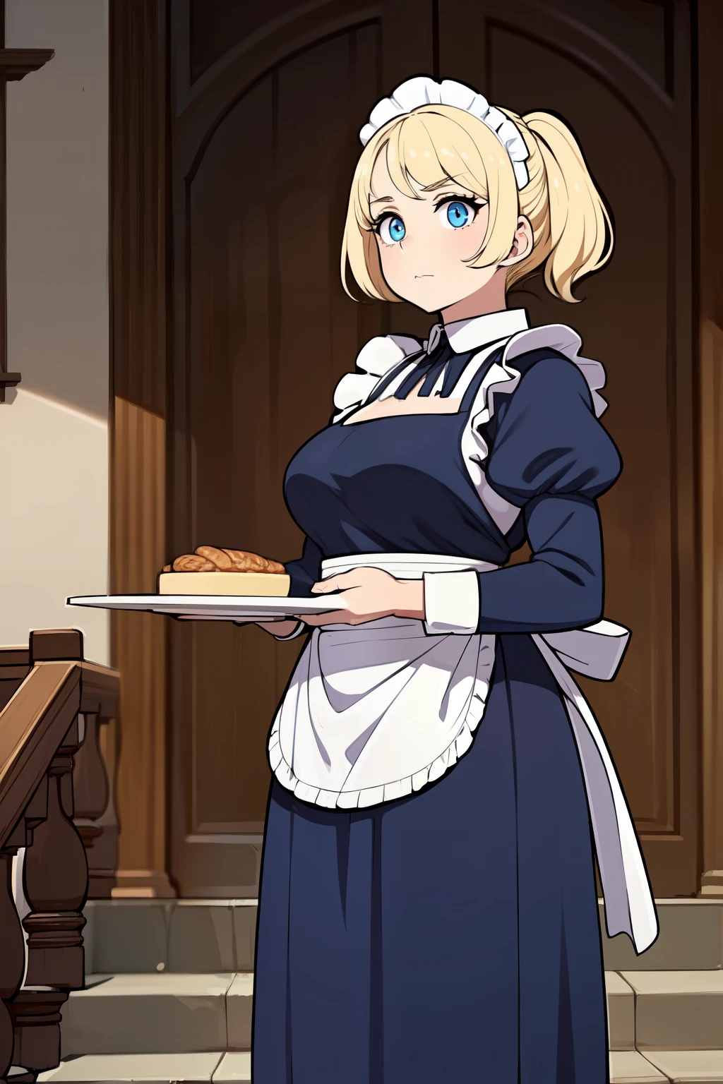 ((best quality)), ((masterpiece)), (detailed), ((1girl)), 18 years old, ((peasant girl)), ((dark fantasy)), ((blue eyes)), ((blonde)), ((maid apparel)), dark big food storage, very tall staircase