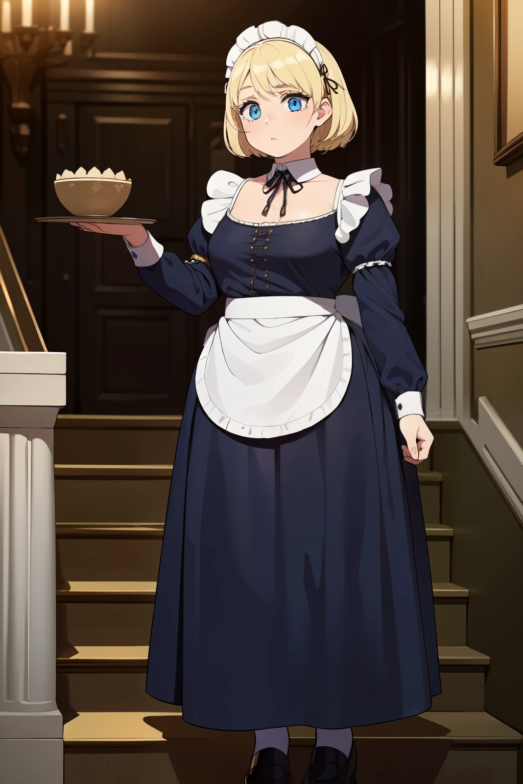 ((best quality)), ((masterpiece)), (detailed), ((1girl)), 18 years old, ((peasant girl)), ((dark fantasy)), ((blue eyes)), ((blonde)), ((maid apparel)), dark big food storage, very tall staircase