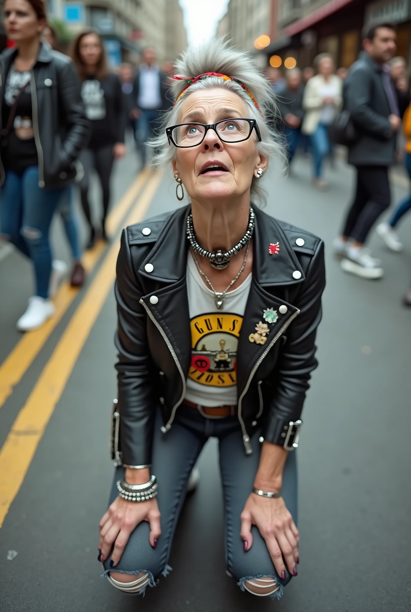 russian old milf woman, grey hair (huge top bun) and bandana as headband (big maxi glasses), with very light blue eyes, extremely pale. Wearing cropped black moto jacket with lots of zippers and pins, raggy cropped t-shirt with guns and roses logo, dark skinny blue jeans with holes and white tennis sneakers  . Lots of metallic bracelets and collars. Tacky wide leather belt with oversized buckle. Long earrings. Kneeling like in a payer, looking up, eyes and mouth wide open in amazement. Hands on her knees. Listening in amazement to somebody speaking to her, toned six pack abdominals, thin legs and thin arms. A lot of people behind