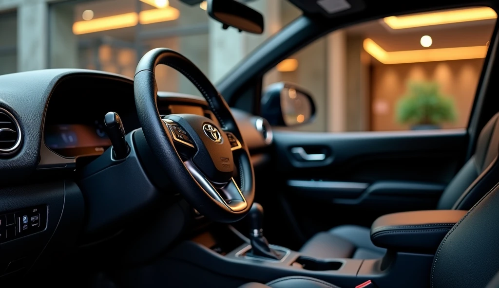 Close-up of the interior steering wheel of the redesigned 2025 Toyota Hilux, featuring a sleek black color. The steering wheel is set against a backdrop of the vehicle’s black glossy interior, showcasing its premium finish and sophisticated design. The image is taken in a luxury showroom, with high-definition quality to capture every intricate detail of the steering wheel and the surrounding interior. The showroom features polished marble floors, expansive glass walls, and elegant decor, highlighting the luxurious environment in which the Hilux is displayed.