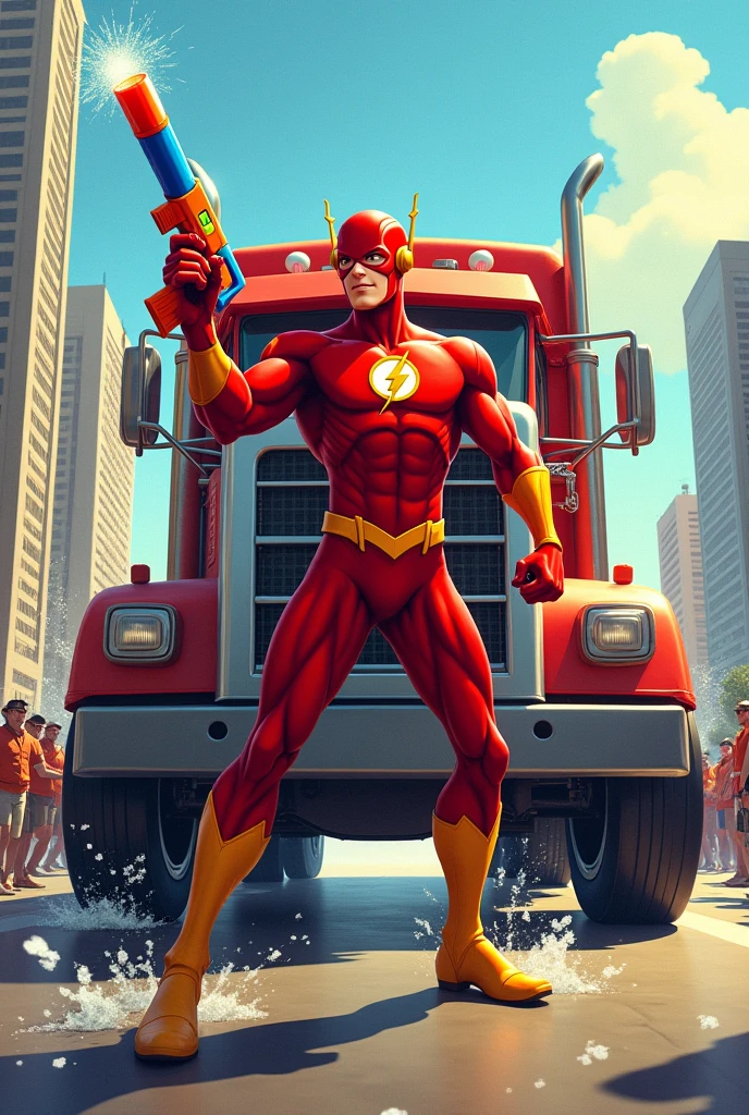 Flash in front of a truck with a squirt gun in one hand and a tire in the other