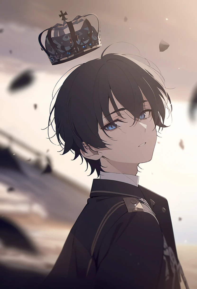 masterpiece,best quality,depth of field,8k,Looking at the viewer,man,black hair,Blue Eyes,(charismatic eyes 1:1),chic,alone,Has dark circles under their eyes,looking straight ahead,Black jacket over a white t-shirt,A black crown design floating in the air above the head.,male