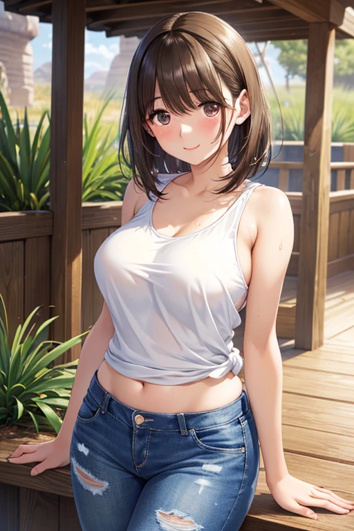 anegasaki nene、Shiny brown hair, short hair, (Beautiful brown eyes、Sparkling eyes, Fine grain)、smile、Ultra-detailed eyes、Highly detailed face, Highly detailed eyes,


(high quality, High resolution, The finer details), Realistic, Outdoor, (Vast arid region:1.4),
 Wild Cactus,
White tank top、  Denim Jacket, Denim pants, Strong winds, alone, Curvy Women, Flowing Hair,, smile, blush, Sweat, Oily skin, Shallow depth of field