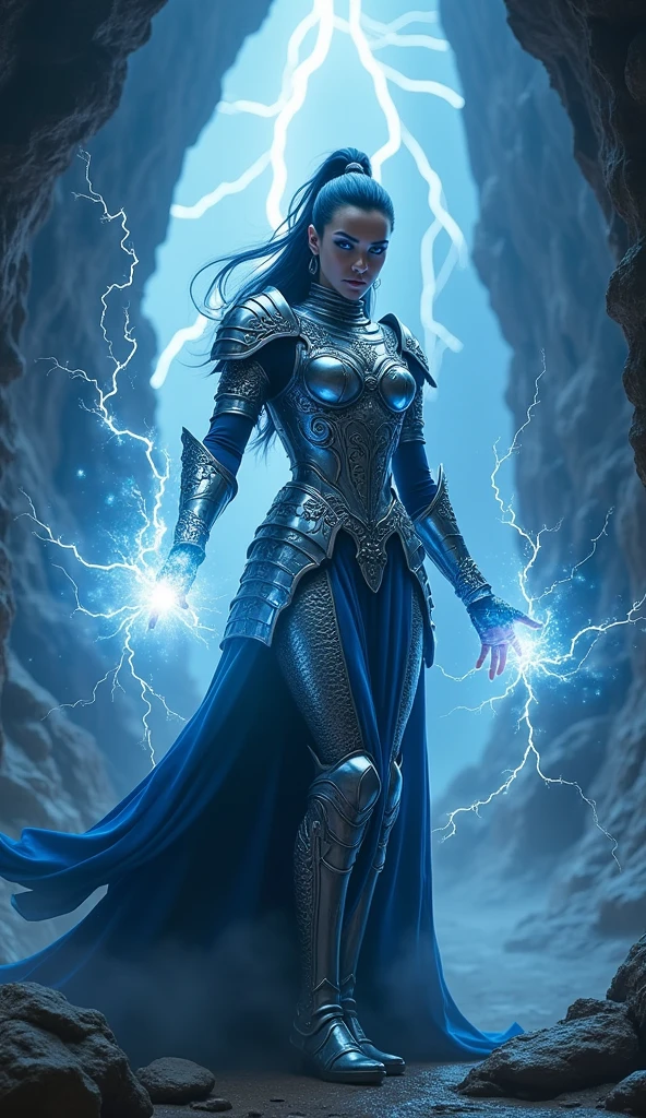 Aletta Ocean, angry evil beautiful and muscular, Nordic female, towering storm Giantess with blue black hair in a ponytail, older and mature woman, throwing a lightning ball, celtic glowing tattoos, wearing silver nordic steel runic plate mail Armour , temple cave background with lightning storm, glowing blue eyes, square jaw, powerful and imposing, winter clothing, pale blue purple skin, ((full plate silver celtic dragon armour)), nordic tattoos with bodybuilder physique