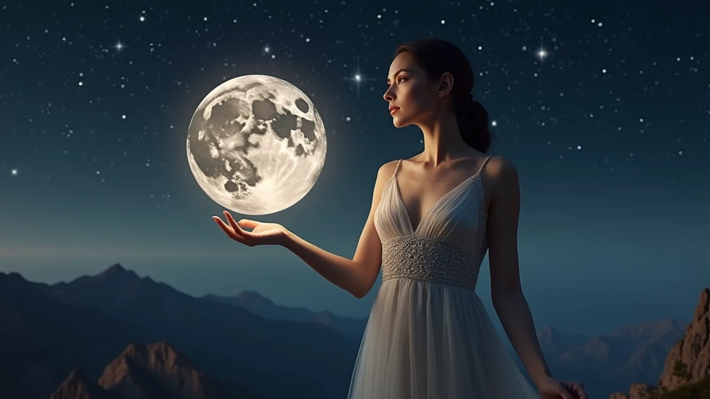 A beautiful and mysterious goddess with porcelain skin and a form-fitting, silvery gown that drapes over her curves. She is surrounded by a halo of moonlight as she stands on a mountain peak, overlooking a vast, starry night. Her eyes are glowing with a soft, divine light, and she gently raises her hand, conjuring a delicate, shimmering orb of lunar energy that illuminates the surrounding landscape. Aim for realistic depiction, make sure photos are at highest resolution (8K)