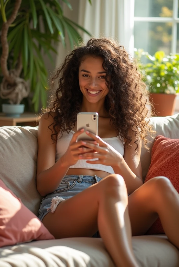 A brunette girl with curly hair and big breasts sits with her legs stretched out, taking a realistic photo