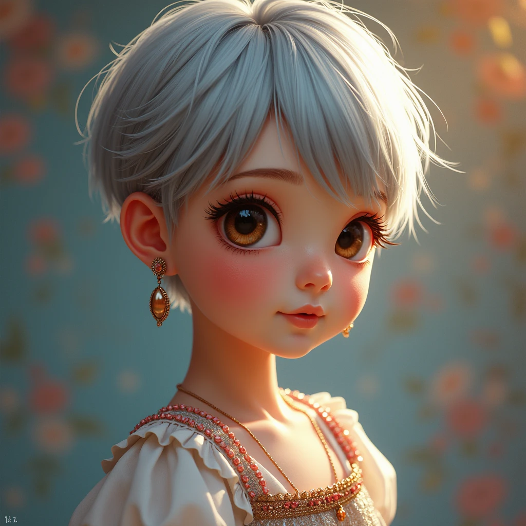 (Best Quality, masterpiece), 1 girl, beautiful girl, Brown_eyes, ((hair color [Silver hair], [pixie cut with bangs] hair)), earrings, Lips, short sleeves,realist, narrow waist, charming, colorful makeup, long eyelashes, White skin, (Beautiful), (detalleed Face), detalleed eyes, detailed iris, 