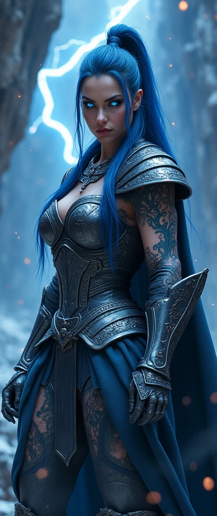 Aletta Ocean, angry evil beautiful and muscular, Nordic female, towering storm Giantess with blue black hair in a ponytail, older and mature woman, throwing a lightning ball, celtic glowing tattoos, wearing nordic steel runic plate mail Armour , temple cave background with lightning storm, glowing blue eyes, square jaw, powerful and imposing, winter clothing, pale blue purple skin, ((full plate celtic dragon armour)), nordic tattoos, fit bodybuilder, facing the camera , ultra detailed