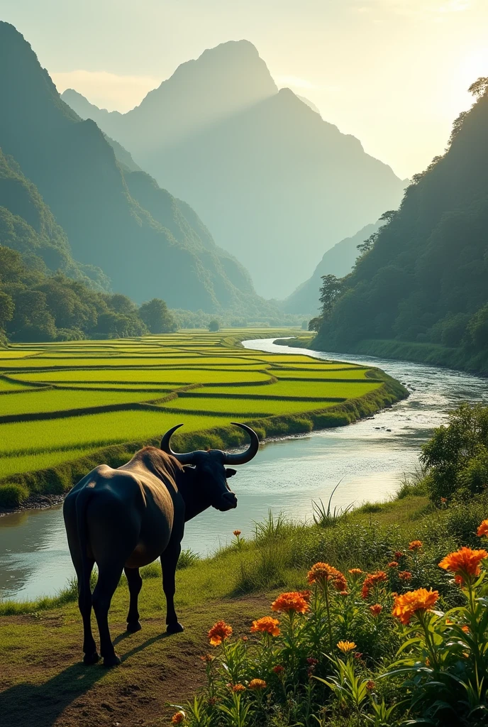 South east Asia Buffalo, mountain, river