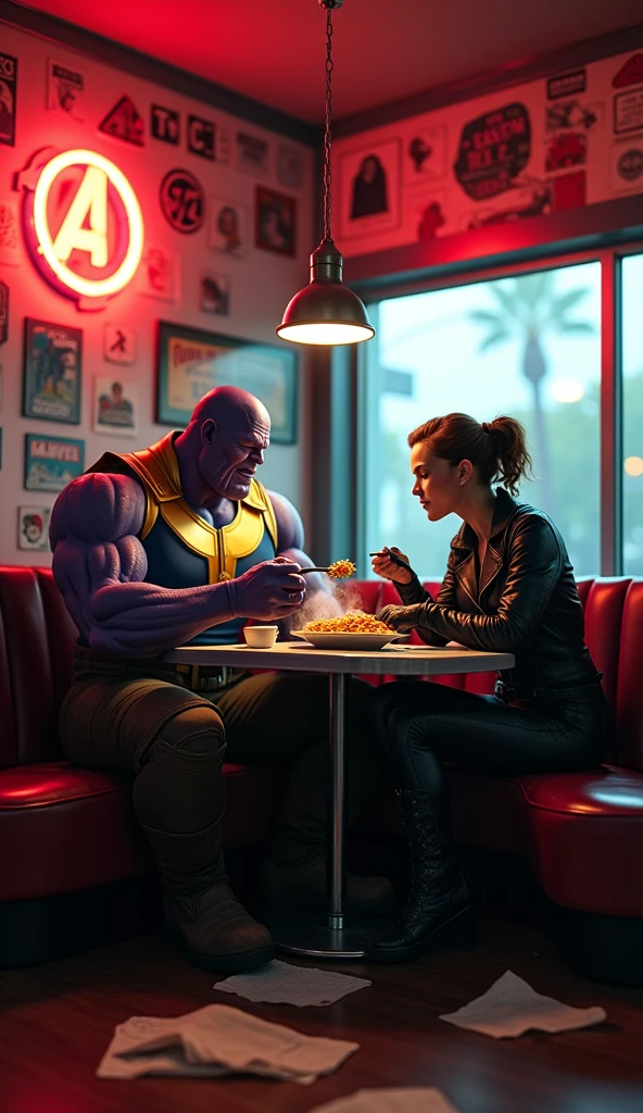 Thanos is eating chicken noodles with black widow