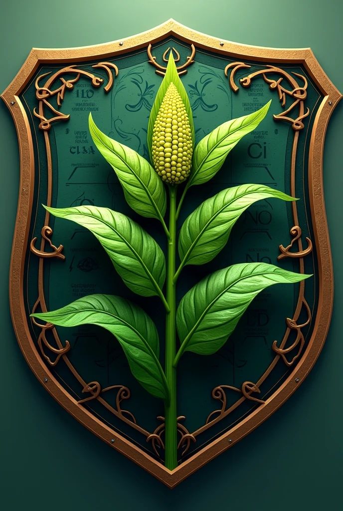 Create a football shield for a team called NPK, with a soybean plant as a symbol and the table of elements in the background
