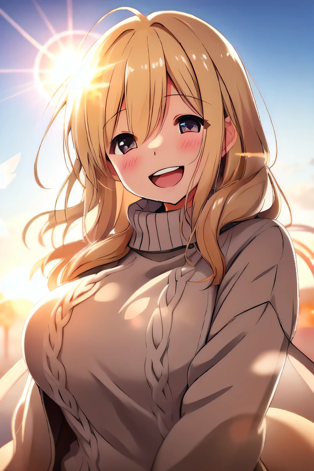 Young woman, cozy sweater on, upper body, (Huge laughter:1.1), (open mouth:1.1), (eyes wide open:1.2), sun glare, hips, depth of field, blurred background, Light particles, strong wind, (heart particles:1.1)