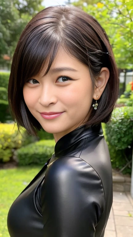 最high quality, 8k, Vibrant, Sharp focus, high quality, High resolution, Middle-aged women, Mature Woman, 55 years old, (Whole Body Ezbian), (High heels face detail, Highly detailed eyes, Plump figure、Plump face、((big 1.6))、(((Large Breasts)))、((Black leather clothing))、garden、Random Hairstyles、A kind smile、
