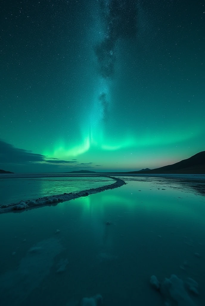 Highest quality、masterpiece、Film Grain、Ultra-high resolution、Galaxy reflected in the Uyuni Salt Flats、(((green Starry Sky:1.5)))、blue crescent moon :0.1、