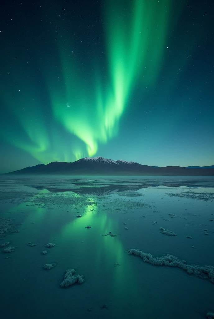 Highest quality、masterpiece、Film Grain、Ultra-high resolution、Galaxy reflected in the Uyuni Salt Flats、(((green Starry Sky:1.5)))、blue crescent moon :0.1、
