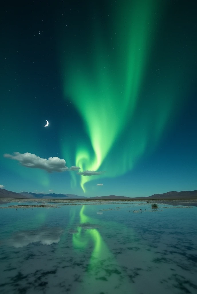 Highest quality、masterpiece、Film Grain、Ultra-high resolution、Galaxy reflected in the Uyuni Salt Flats、(((green Starry Sky:1.5)))、blue crescent moon :0.1、